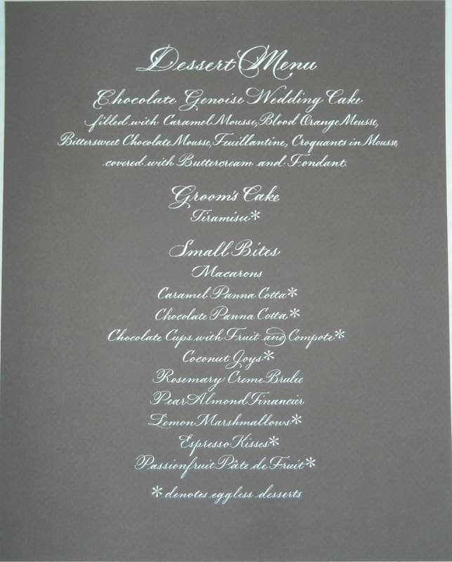 Dessert menu with calligraphy