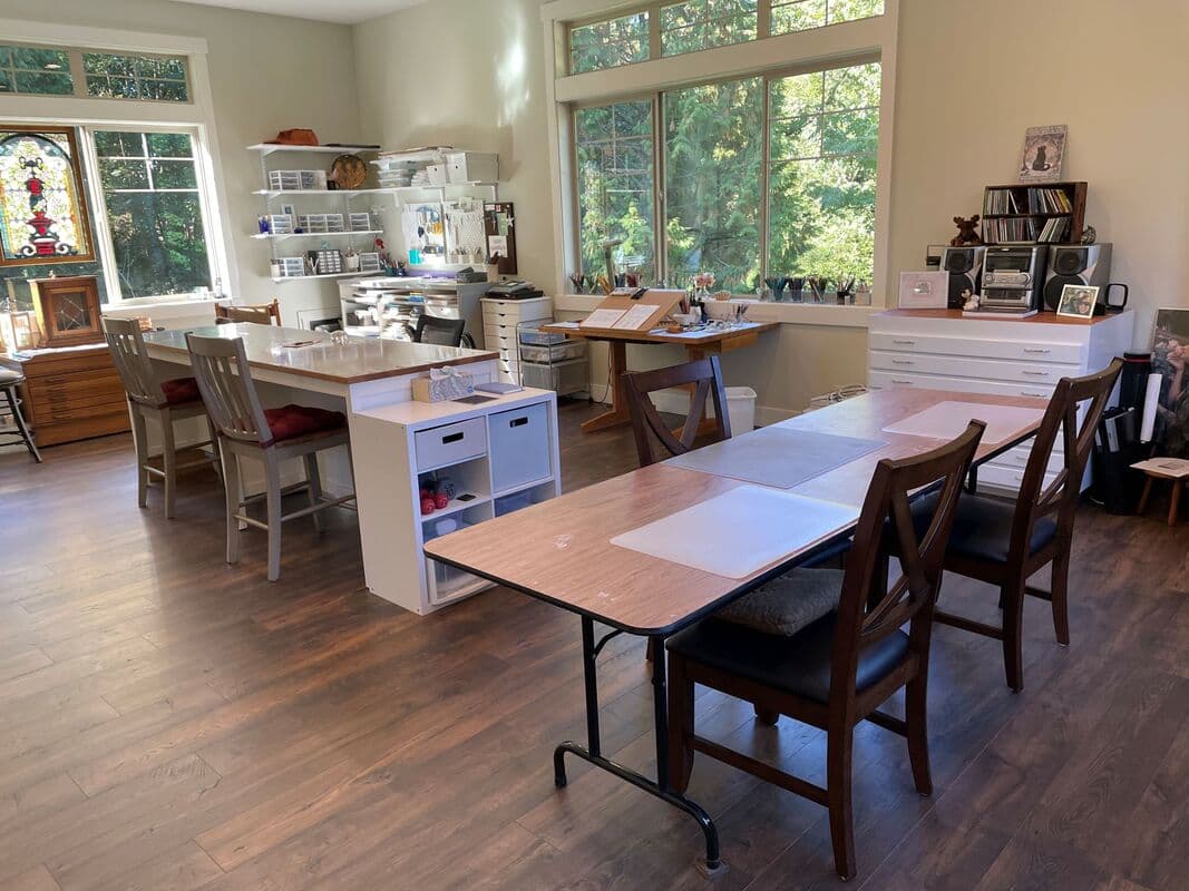 Christy's calligraphy studio, filled with tools and inspiration